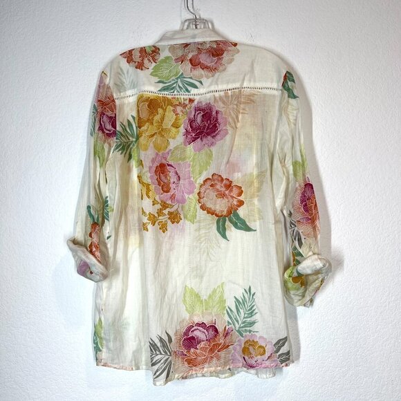 White Floral Shirt Top Long Sleeve Button Down Beach Boho Resort XL - Picture 2 of 9
